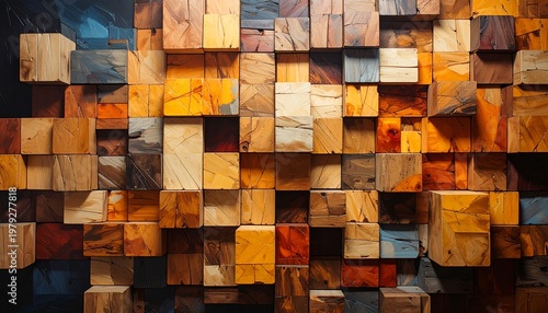 Wooden Block Mosaic Wall Showcasing Textured Design, Natural Tones, and Contemporary Architectural Photography