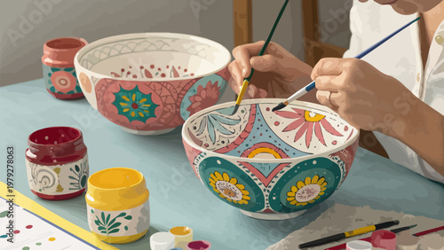 Person painting colorful designs on ceramic bowls with a brush