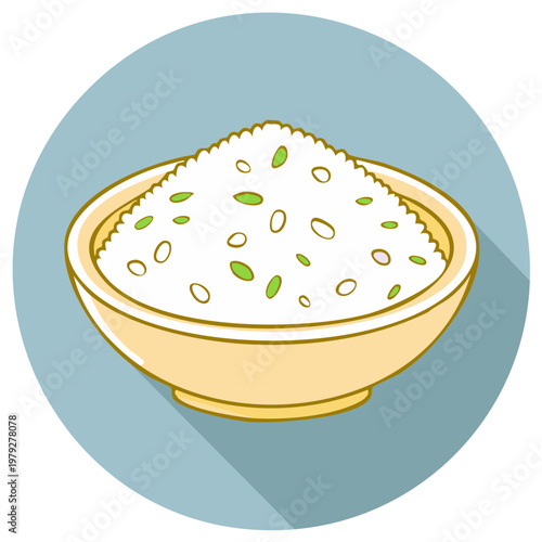 Cartoon Rice Bowl with Green Herbs, grains in bowl with seasoning, food ingredient and meal, meal-prep staple