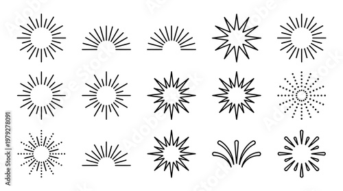 Collection of 16 vector sunburst and starburst icons in varied ray counts and styles for logos, branding, UI, and graphic design projects.