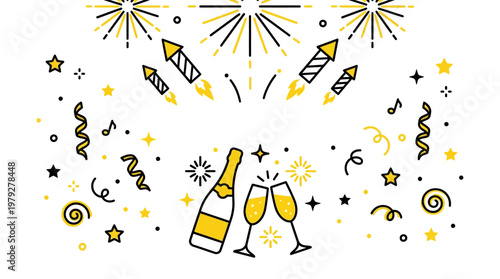 Two champagne bottles clinking in a festive celebration with gold confetti, streamers and sparkles
