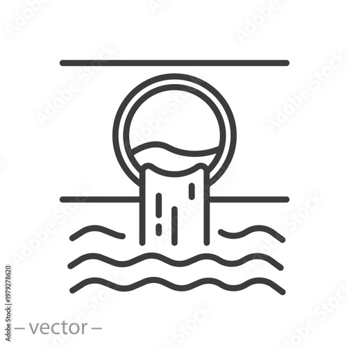 waste drainage icon, sewerage network with running water, urban sanitation system, thin line symbol isolated on white background, editable stroke eps 10 vector illustration
