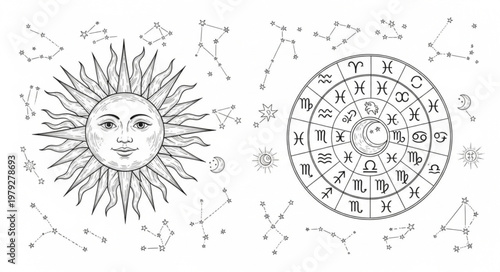 Celestial Sun Face and Zodiac Wheel Illustration.