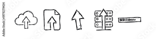 Data Upload and Cloud Computing Sketch Icons Hand Drawn Doodle Set