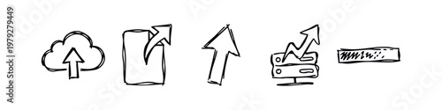 Stylized Hand Drawn Cloud Upload and Server Icons Doodle Collection