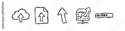 Server and Network Data Upload Sketch Icons Hand Drawn Doodles