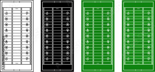 American football field vector set in outline, silhouette, and fill colors. Top view stadium layout with detailed yard lines, perfect for sports design, backgrounds, and templates.