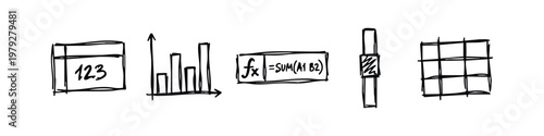 Spreadsheet and Data Analysis Doodle Set. Hand-Drawn Business Finance Icons for Calculation and Reporting Sketches.