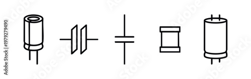 Electronic Capacitor Symbols Set. Minimalist Line Art Icons for Electrical Engineering Schematic Design.