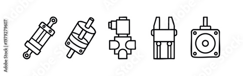 Robotic Engineering Mechanical Component Icon Set. Clean Line Art for Motor Actuator and Industrial Machine Parts.
