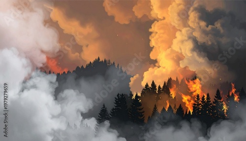Forest Fire with Flames and Smoke Showcasing Natural Disaster, Environmental Impact, and Wildfire Photography Design