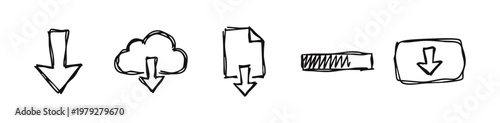 Sketchy Illustration of Download and Digital Storage Icons Set