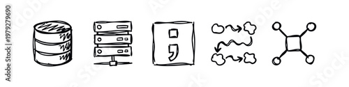 Data and Programming Hand Drawn Sketch Icons - Database, Server, Semicolon, Process Flow, and Network Nodes