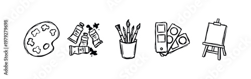 Fine Art and Painting Hand Drawn Sketch Icons - Palette, Paint Tubes, Brushes, Color Swatches, and Canvas Easel