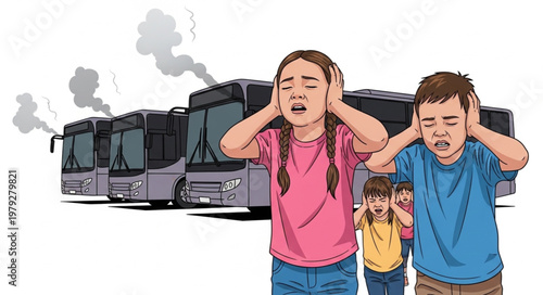 Children covering ears from loud bus noise and pollution.