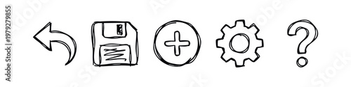 Sketched interface icons set featuring back arrow floppy disk gear and question mark