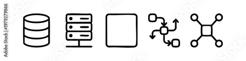 Clean line server and network icons set with database hosting and workflow symbols