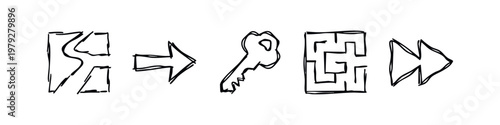 Sketched navigation icons set with path arrow key maze and fast forward symbols