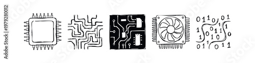 Computer Hardware and Electronics Components Hand Drawn Sketches