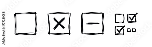 Hand drawn checkbox icons set with cross minus and square selection mark sketches
