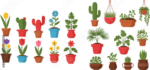Potted Flower and Houseplant Collection with Cactus Hanging Plants and Decorative Pots Indoor Gardening Flat Vector Illustration Set