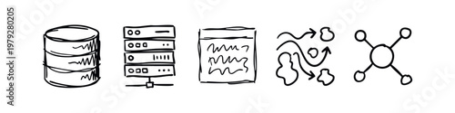 Backend Development and Data Infrastructure Hand Drawn Sketch Icons Featuring Servers and Flowcharts