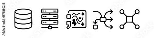 Vector Line Art Icons for Database Management Server Infrastructure and Data Processing Concepts