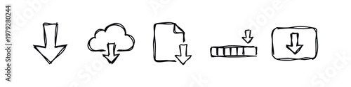 Hand Drawn Download Icon Set Doodle Sketch Vector Elements for Web and App