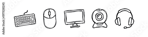 Computer Peripherals and Remote Work Equipment Hand Drawn Sketch Icons Set