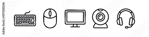 Professional Line Art Icons for Computer Peripherals Hardware and Office Communication Devices