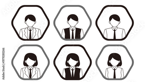 六角形フレームのモノクロデザイン、男女6人のビジネスパーソン人物イラストセット。お客様の声やプロフィールアイコン向けアバター素材：人物イラストセット01