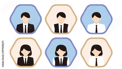 落ち着いた色彩の六角形フレームのデザイン、男女6人のビジネスパーソン人物イラストセット。お客様の声やプロフィールアイコン向けアバター素材：人物イラストセット02