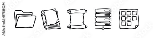 Hand Drawn Data and Documentation Icons Doodle Folder Book Scroll Server Set