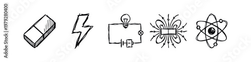 Physics and Electricity Hand Drawn Doodle Icons Magnet Lightning Circuit Atom Energy