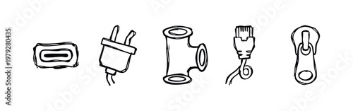 Hand Drawn Hardware Connection Icons Set with USB-C Plug Pipe Fitting Ethernet and Zipper