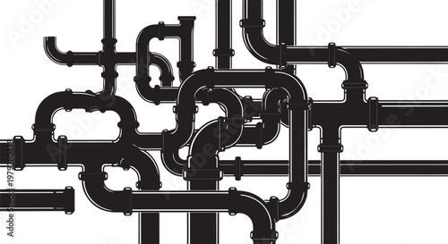 Complex network of black industrial pipes and fittings system