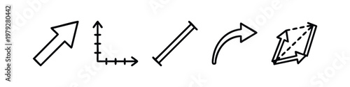 Mathematics and Directional Arrow Line Icon Set with Graph Coordinate Axis and Vectors