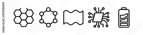 Science and Technology Vector Line Icon Set with Molecule Graphene Wave CPU Chip and Battery