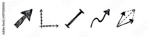 Hand Drawn Hatched Style Math and Arrow Icons Set with Graph Coordinate Axis and Vectors