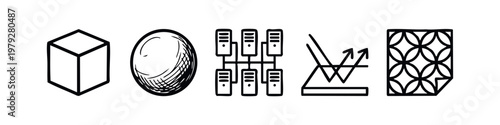 Data Physics and Geometry Line Icon Set with Cube Sphere Server Network and Light Reflection