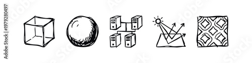 Sketch Style Science and Computing Icon Set with Network Servers Cube Sphere and Pattern