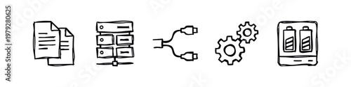 Hand Drawn Tech and Computing Icons with Files Server Cables Gears and Battery