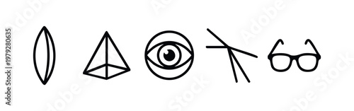 Minimalist Line Art Optics Icons Featuring Lens Prism Eye Light and Eyewear