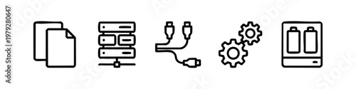Clean Outline Technology Icons Including Files Server USB Cables Gears and Battery