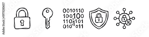 Hand Drawn Cybersecurity Icons with Padlock Key Binary Code Shield and Network