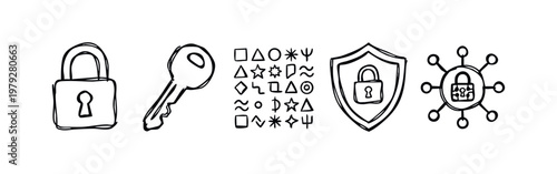 Hand Drawn Encryption Icons with Padlock Key Symbol Grid and Network Security