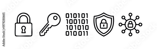 Minimalist Line Art Security Icons Featuring Padlock Key Binary Code and Shield
