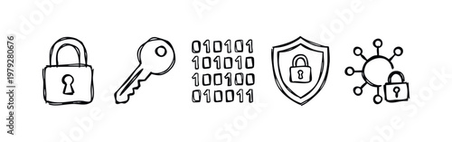 Hand Drawn Data Protection Icons with Lock Key Binary Numbers and Security Shield
