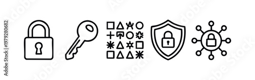 Clean Outline Encryption Icons Including Padlock Key Grid Symbols and Protected Network