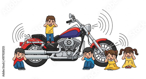 Children Covering Ears From Loud Motorcycle Noise Pollution.